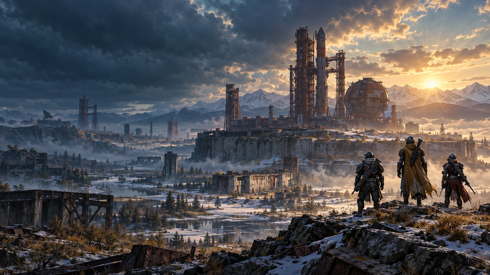 Three armored explorers overlooking an abandoned Cosmodrome at sunrise. Original project concept art.